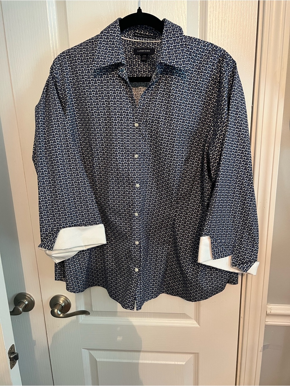 Lands' End Navy and White Micro-Print Button-Down Shirt